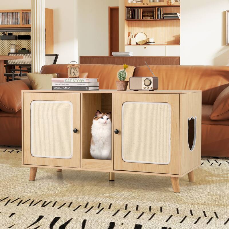 Gymax 43'' Cat Litter Box Enclosure for 2 Cats w/ Double Rooms 2 Sisal