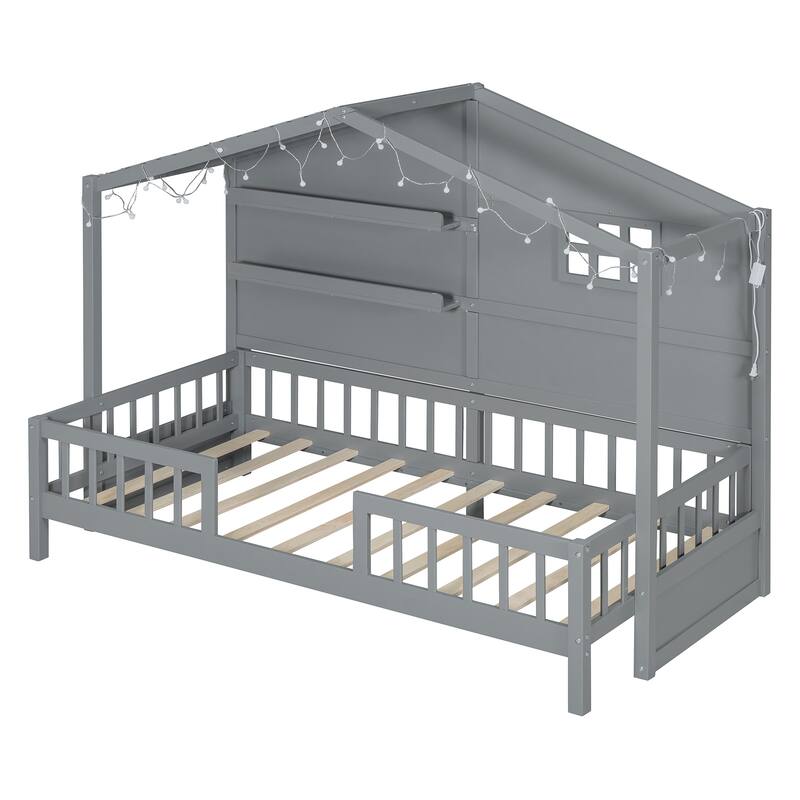 Twin Size House Bed with Shelves, Window, and Sparkling Light Strip