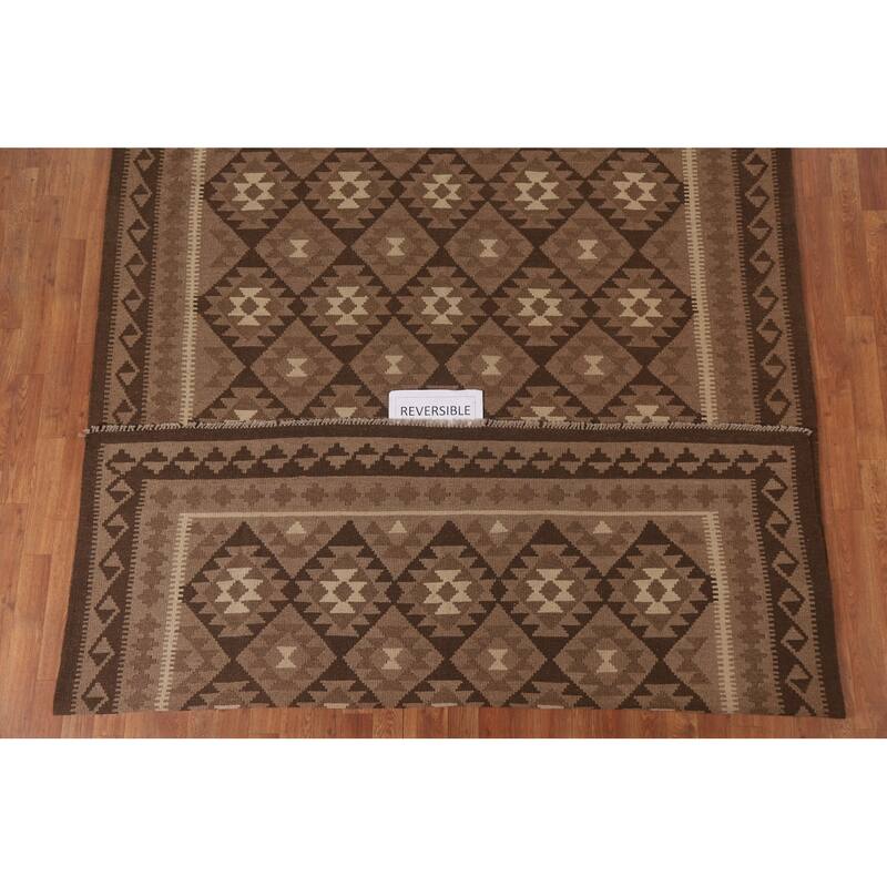 Hand Woven Oriental 100% Wool Carpet Southwestern Geometric Brown Kilim Area Rug - 9' 9'' X 6' 10''