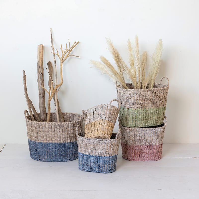 Various Woven Water Hyacinth and Rattan Dip Dyed Baskets, Set of 5 - 22.0"L x 16.0"W x 18.5"H - Multi - 22.0"L x 16.0"W x 18.5"H