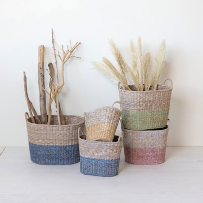 Various Woven Water Hyacinth and Rattan Dip Dyed Baskets, Set of 5 - 22.0"L x 16.0"W x 18.5"H