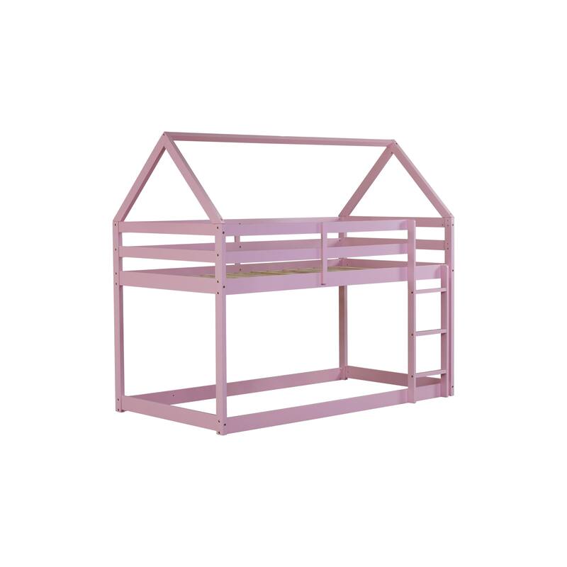 Twin over Twin Rubber Wood Floor Bunk Bed, Solid Wood Twin Size House Shaped Bunk Bed Frame with Roof and Guardrails