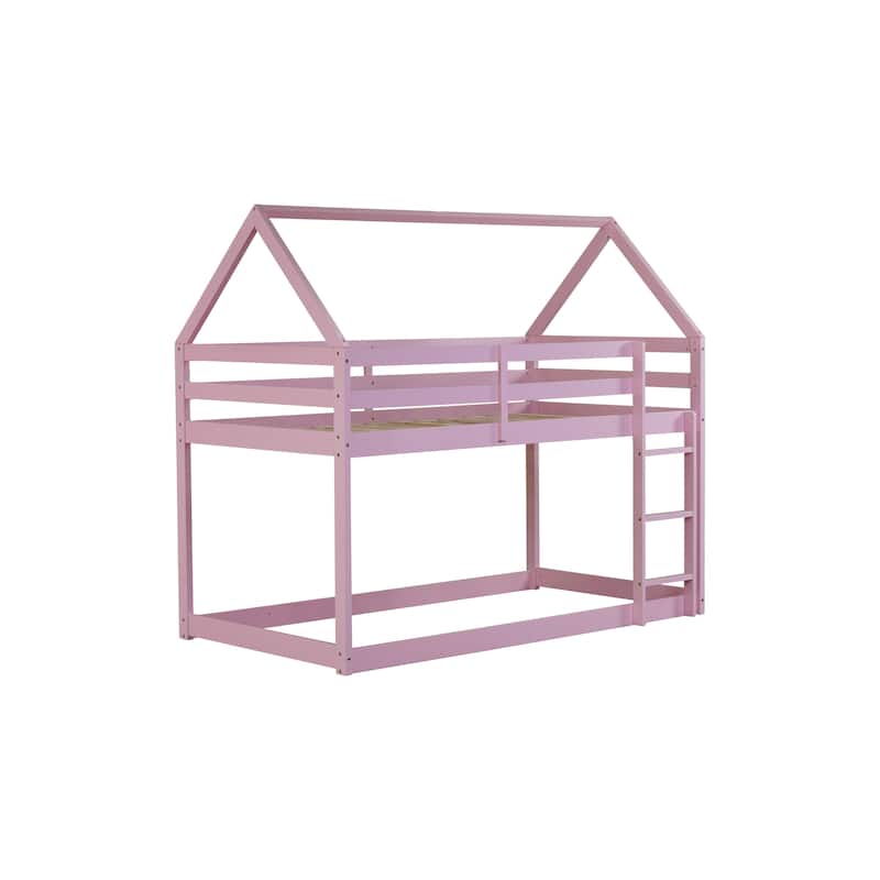 Twin over Twin Rubber Wood Floor Bunk Bed with Ladder, Guardrails, and House-Shaped Design, Pink Kids Bunk Bed