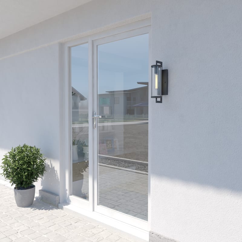 Morgan Park 1-Light Dusk to Dawn Modern Outdoor Wall Sconce with Clear Seeded Cylinder Glass Shade, Exterior Lantern