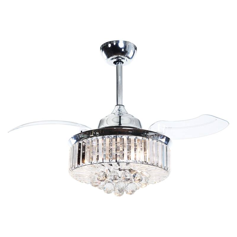 36-inch Chrome Retractable 3-Blade Crystal Ceiling Fan with Remote