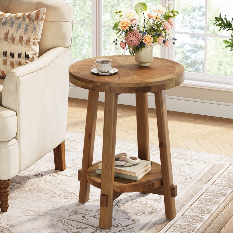 Round Side Table, Solid Wood 2 Tier End Table for Living Room