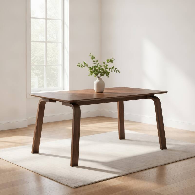 Kinni Dining Table, Walnut Brown Wood, Bent Legs, Rectangular 63 Inch
