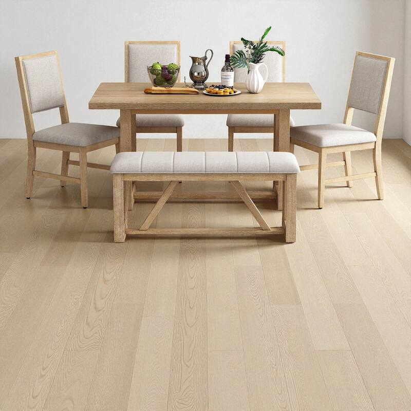 6-Piece Retro Farmhouse Dining Table Set, 60" Wood Table with 4 Upholstered Chairs and Bench for Kitchen & Dining Room