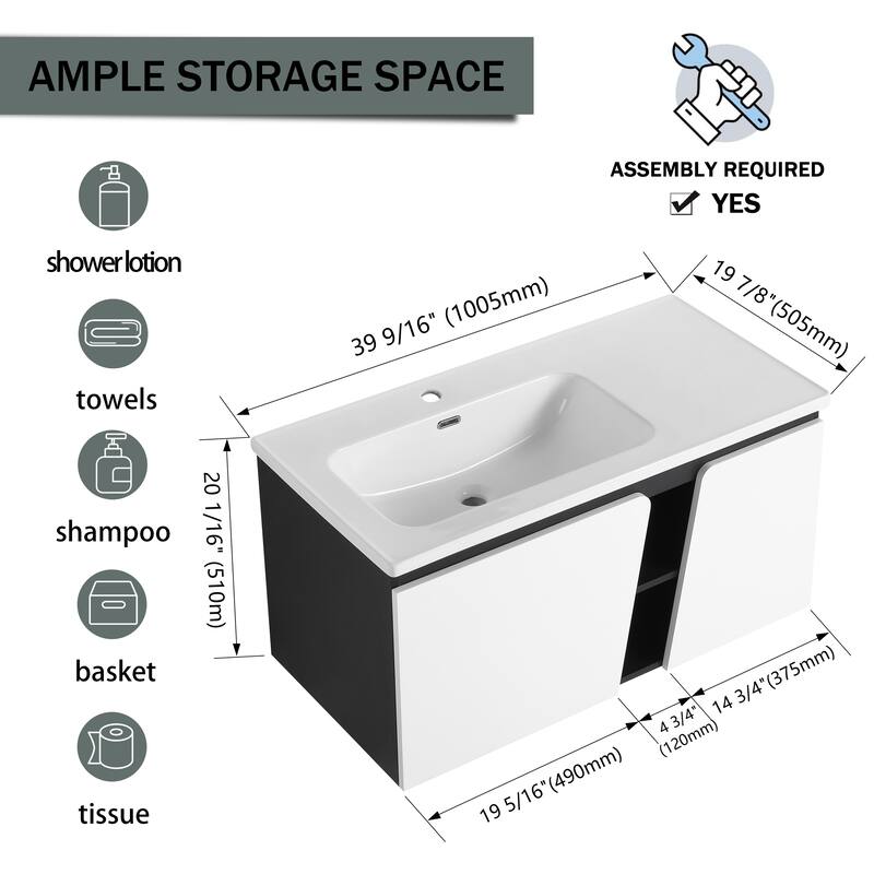 40'' Floating Wall-Mounted Bathroom Vanity with Ceramics Sink & Soft-Close Cabinet Door