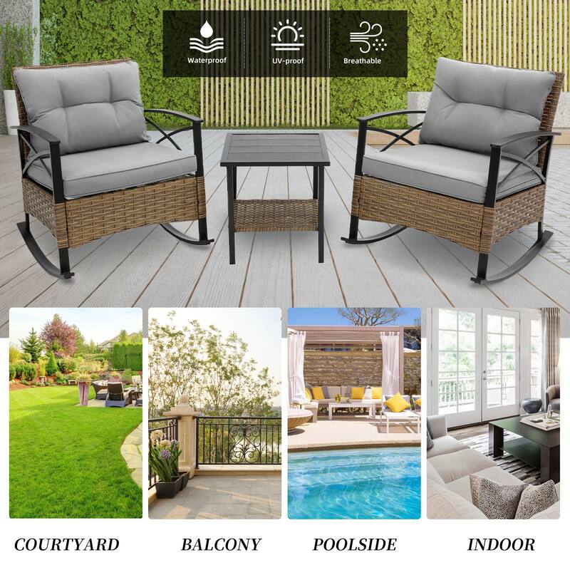 HOMEFUN 3-Piece Rattan/Wicker Outdoor Patio Rocking Cushions Chairs With Table