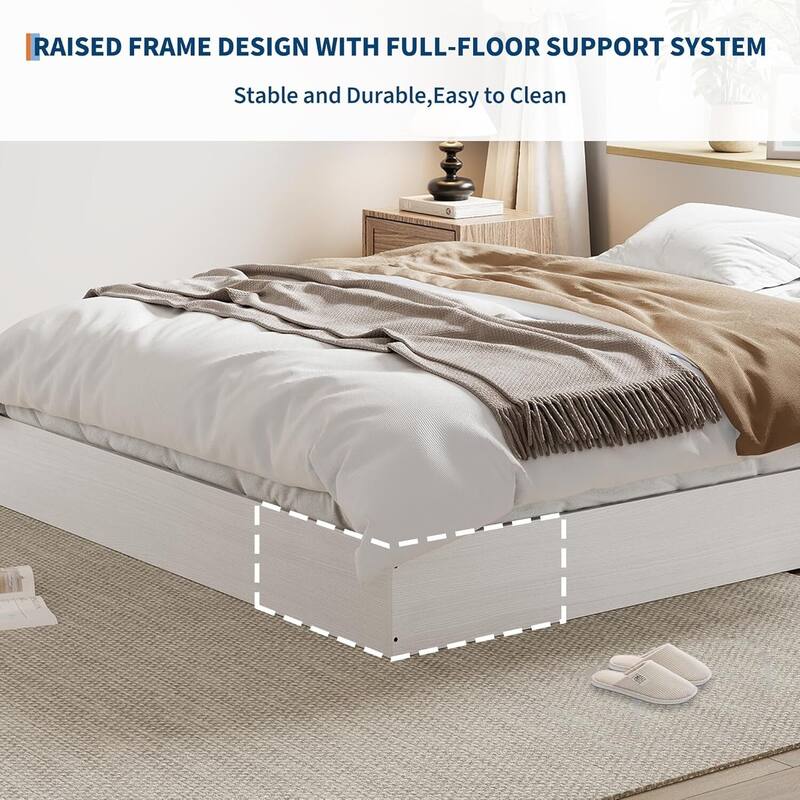 Space-Saving Sturdy Floor-Standing Platform Bed Frame, No Box Spring Needed, White