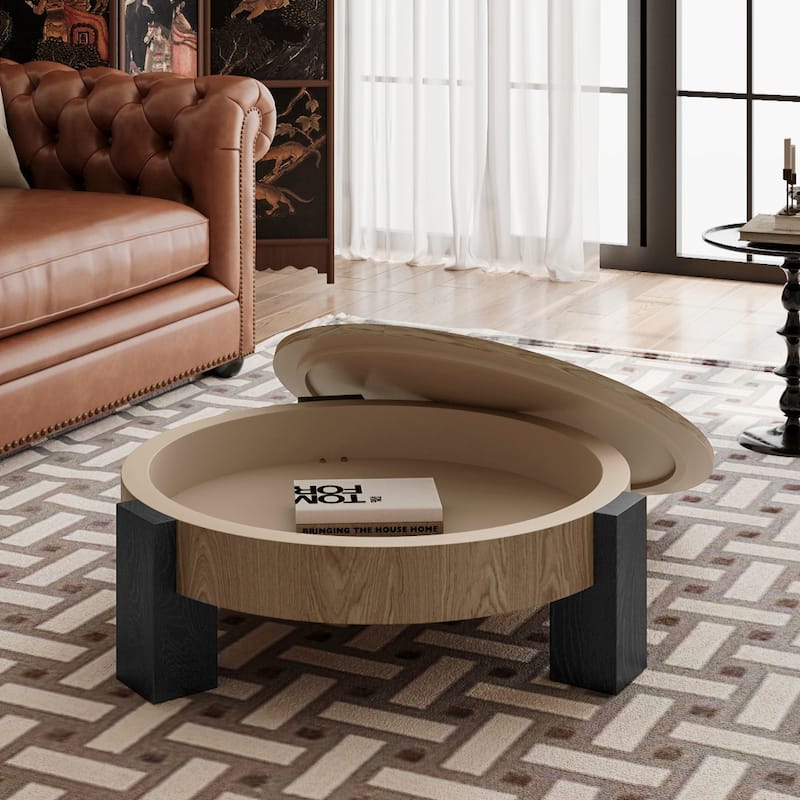 33" Modern Wabi-Sabi Wood Parquet Veneer Top Coffee Table with Hidden Storage - Matte Black+Natural Wood