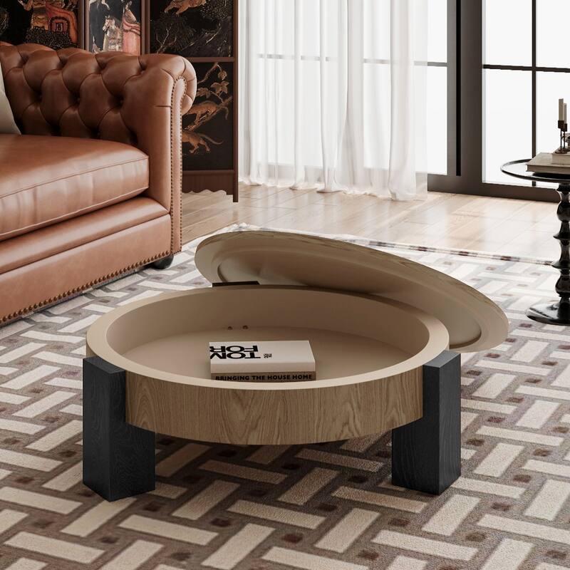 33" Round Coffee Table with Hidden Storage, Parquet Veneer Top Table, 3 Block Legs Sturdy Center Accent Table for Living Room - Matte Black,Natural Wood