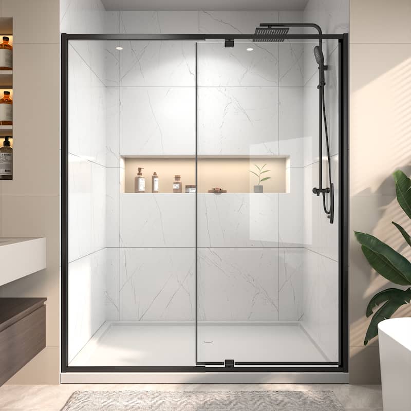 Modland 56-60''W x 71''H Pivot Frame Sliding Shower Door with 1/4"(6mm) Clear SGCC Tempered Glass, Black/Nickel/Chrome - 60x71 - Matte Black
