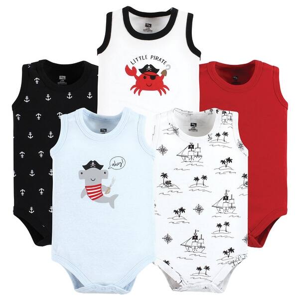 slide 1 of 1, Hudson Baby Infant Boy Cotton Sleeveless Bodysuits, Pirate Shark 0-3 Months - Pirate Shark
