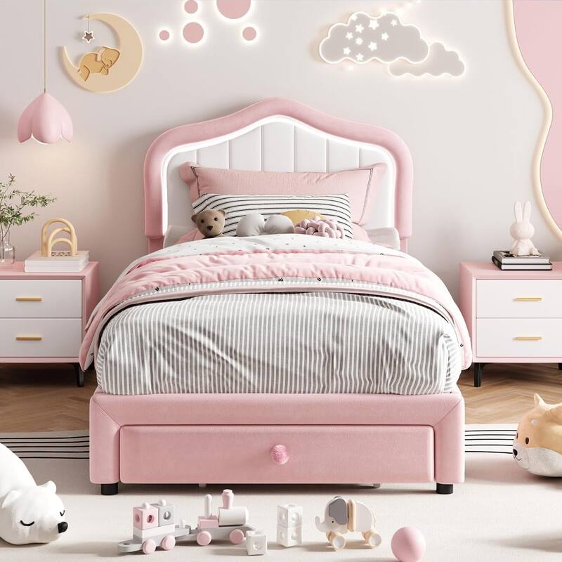 Twin Upholstered Platform Bed Frame with LED Lights & Storage Drawer for Kids - Pink