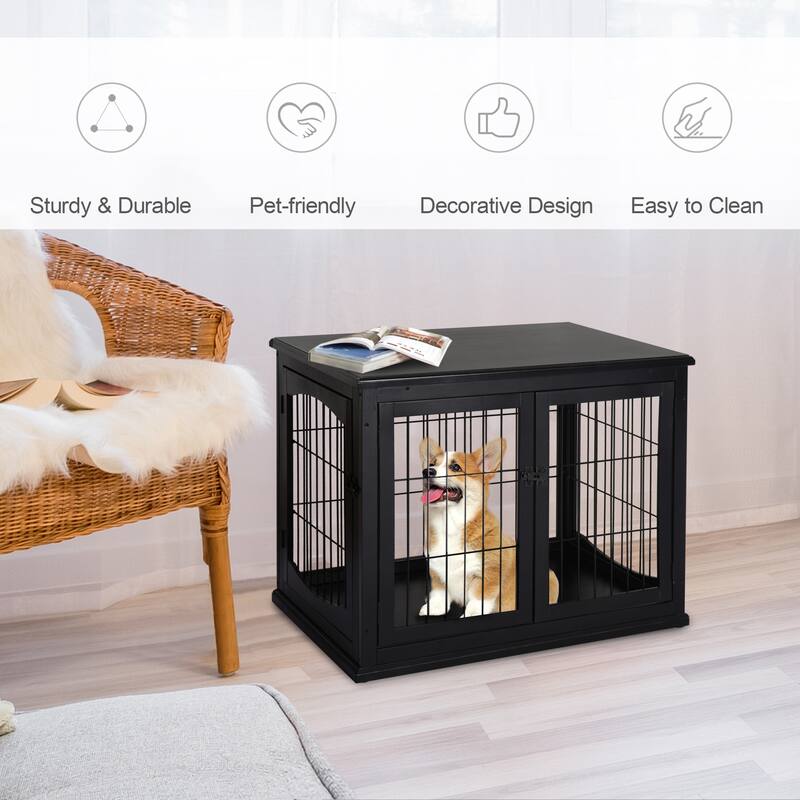 Cute Dog Crate Dog House Small Dog Cage End Table with Two Opening Sides Lockable Door Puppy Kennel Indoor