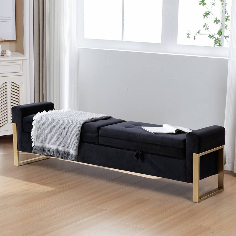 66" Storage Bench for Bedroom End of Bed with Double Lids and Gold Legs