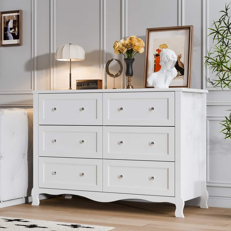 White P2 Density Board Painted 47.2in 6-Drawer French Curved Legs