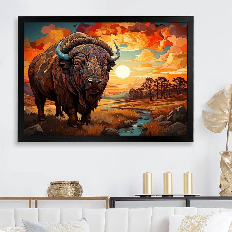 Designart "Native Buffalo Guardian Of Meadow" Native American Art Framed Wall Art Living Room - 32 in. wide x 24 in. high - Black