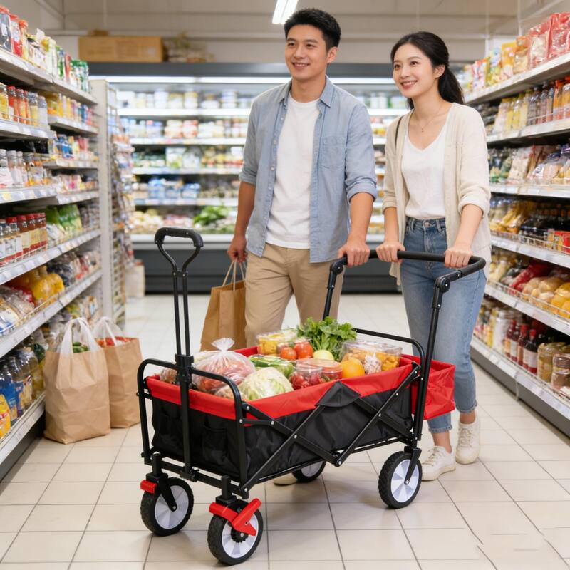 Anmytek Heavy Duty Folding Utility Wagon All Terrain Garden Beach Camping Grocery Cart Red Black