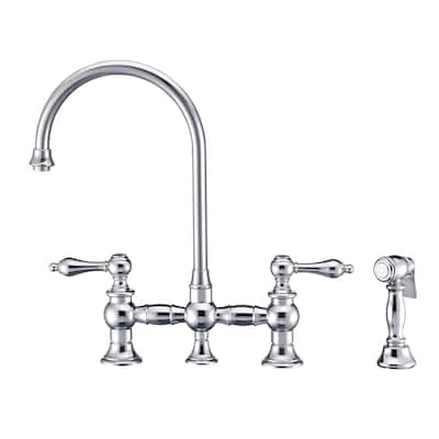 Vintage III Plus Bridge Faucet with Long Gooseneck Swivel Spout, Lever Handles and Solid Metal Side Spray