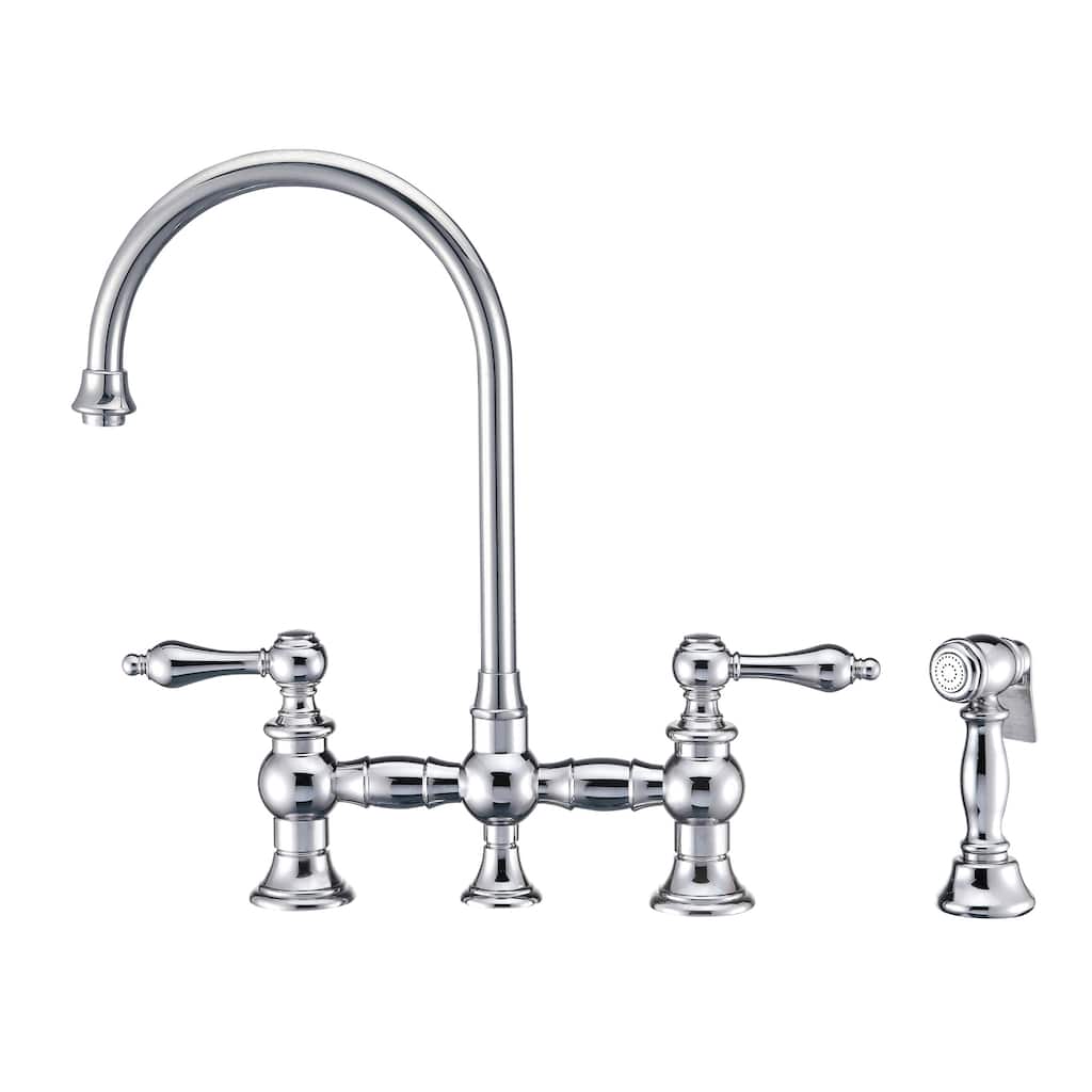 Vintage III Plus Bridge Faucet with Long Gooseneck Swivel Spout, Lever Handles and Solid Metal Side Spray