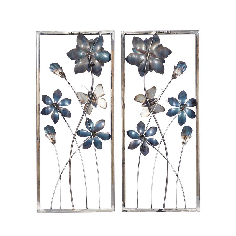 Teal Metal Floral Home Wall Decor with Black Frames and Butterfly Accents (Set of 2)