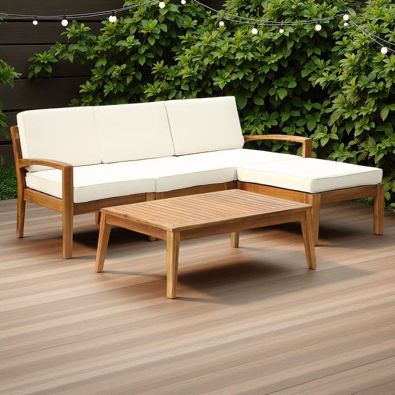 78" Outdoor Patio L-Shaped Acacia Wood Sectional Sofa Set with Coffee Table and Ottoman - Beige+Natural