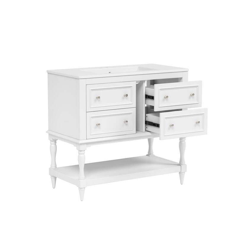 Bathroom Vanity with Ceramic Sink, Solid Wood Vanity Set with 4 Drawers, Bathroom Storage Cabinet with Open Shelf