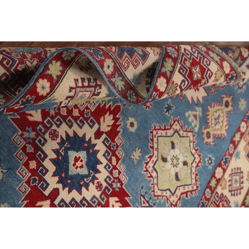 Hand Knotted Oriental 100% Wool Carpet Traditional Geometric Navy Blue & Blues Kazak Area Rug - 9' 10'' X 6' 8''