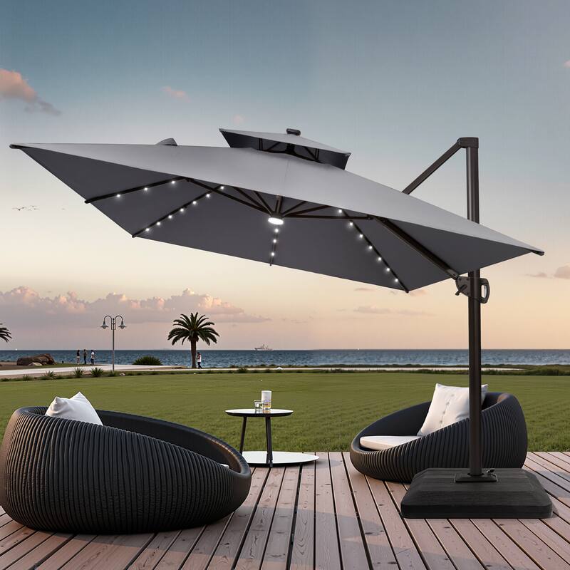 9x11 FT Rectangular Outdoor Patio Cantilever Umbrella Solar LED Lighted with Weight Base