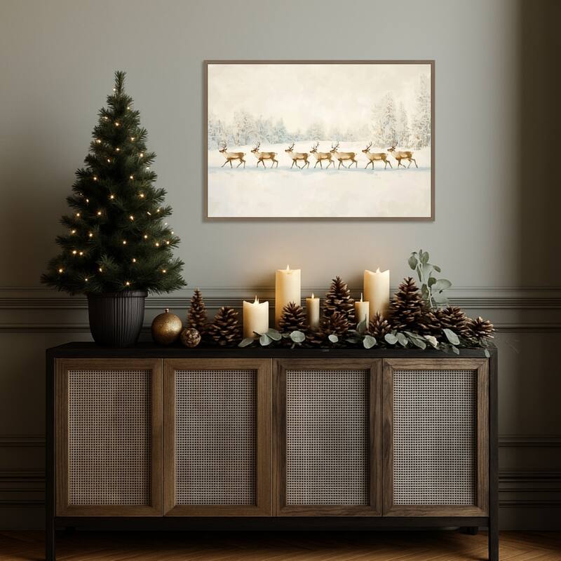 Winter Wonderland: Reindeer Procession by Melloi Art Prints Framed Canvas Wall Art Print - Sylvie Dark Gold