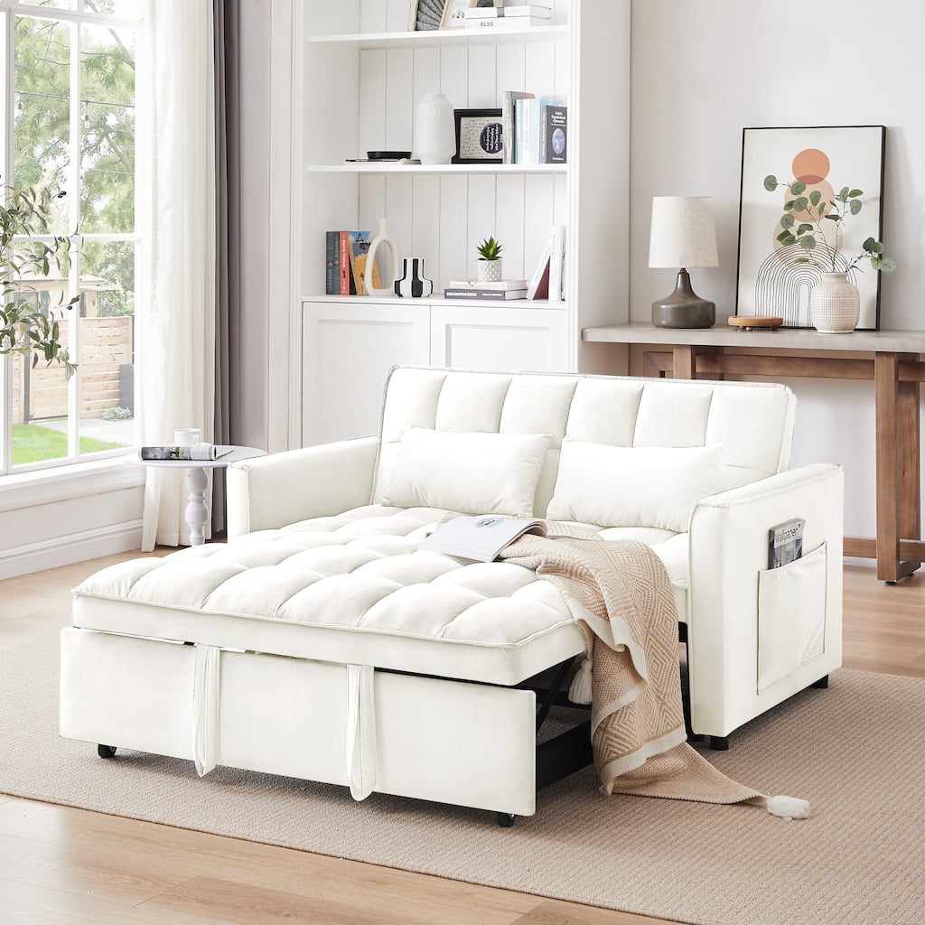 55.1-inch 3-in-1 Convertible Sofa Bed, Modern Velvet with Adjustable Back, Beige+White