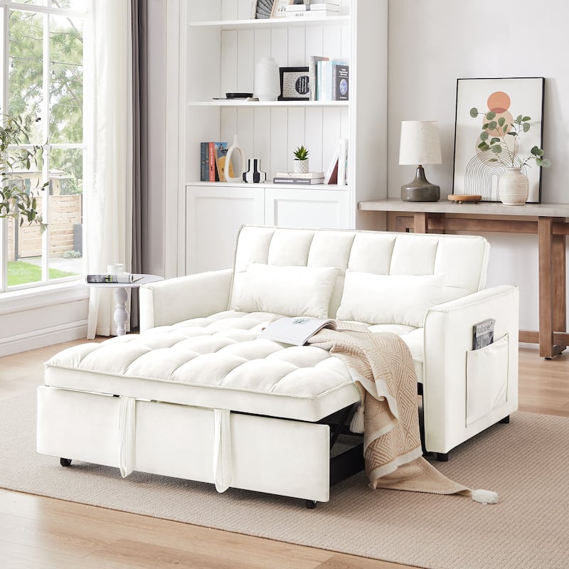 Beige+White Modern 55.1" 3 in 1 Convertible Loveseat Sofa Bed with Adjustable Back and Storage Bag for Living Room - Beige+White
