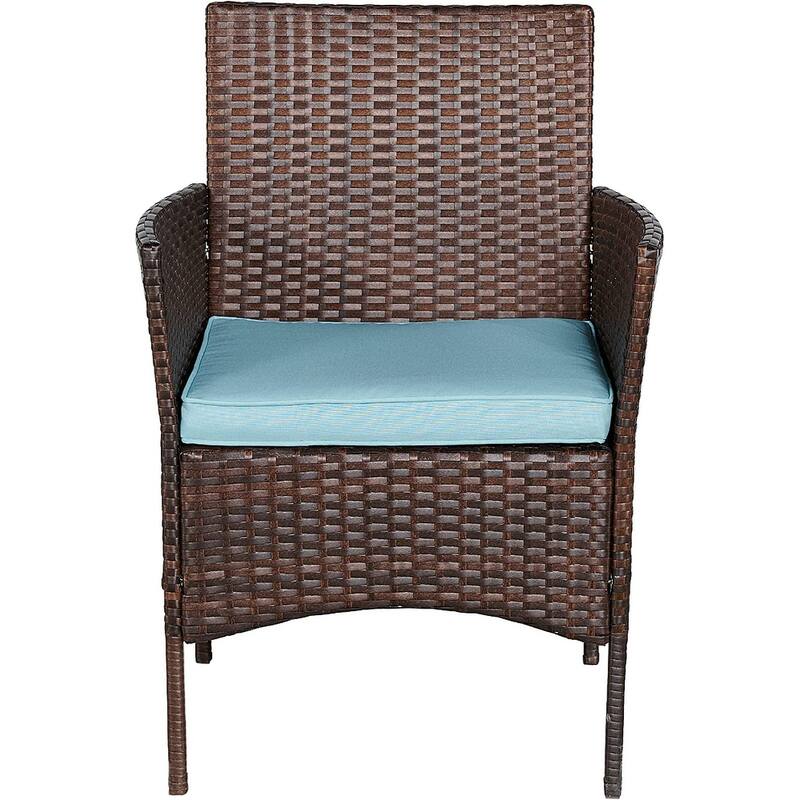 BTEXPERT 2 Glass Brown/Aqua Blue Outdoor Wicker Conversation 3 Piece Bistro Set Garden FurnitureCushions Side Storage Table