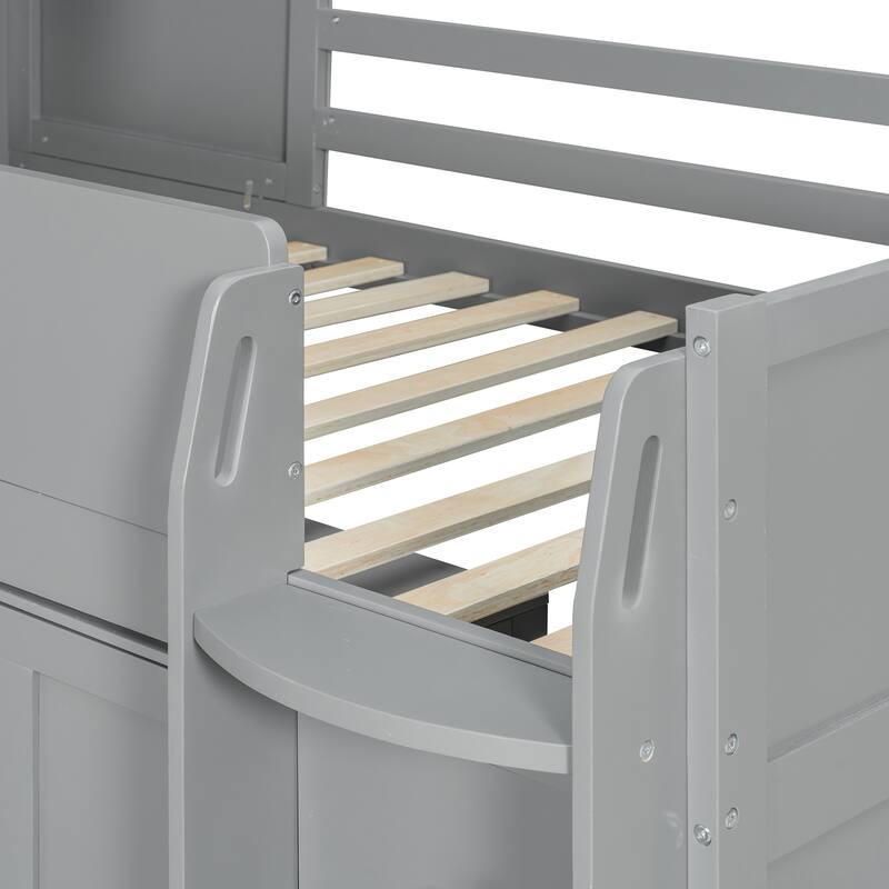 Roomfitters Twin Size House Loft Bed with Rolling Desk, Storage Cabinets and Staircase, All-in-One Space Saving Sleeper