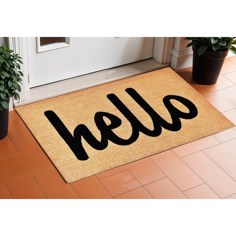 HomeRoots 20" X 34" Natural And Black Hello Outdoor Coir Door Mat - 20' X '34 - 20' X '34