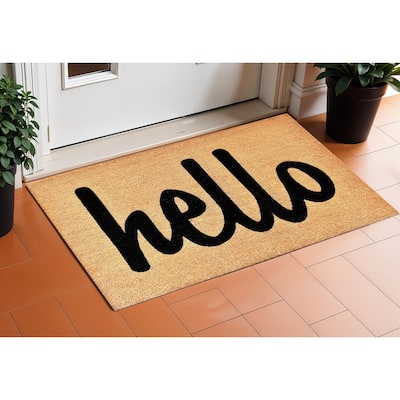 HomeRoots 24" X 36" Natural And Black Bold Hello Outdoor Coir Door Mat - 24' X '36