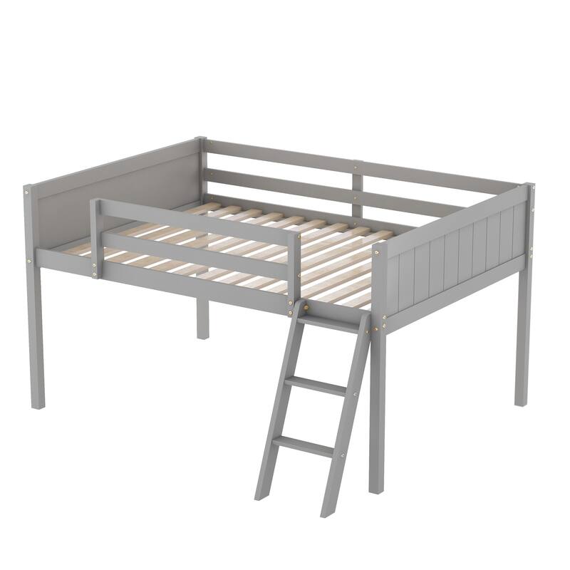 Full Size Wood Low Loft Bed with Convertible Ladder, Gray