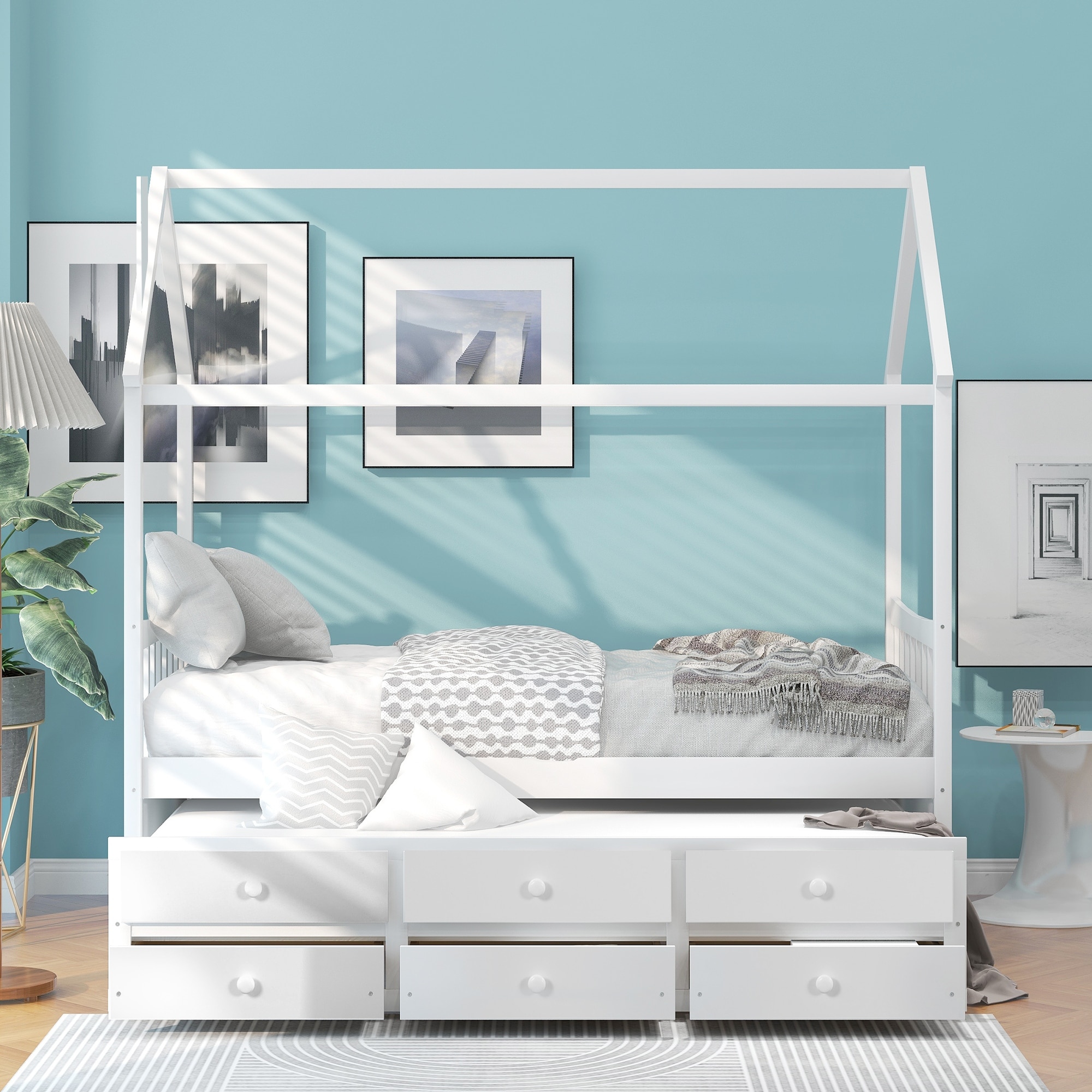 Full House Bed with Trundle and Storage Drawers, Pine Frame for Kids