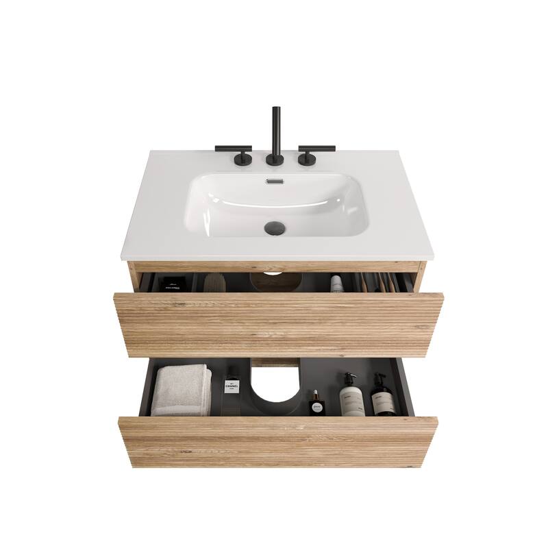 30" Wall-Mounted Bathroom Vanity with Integrated Ceramic Sink & Overflow, Large Storage Floating Cabinet