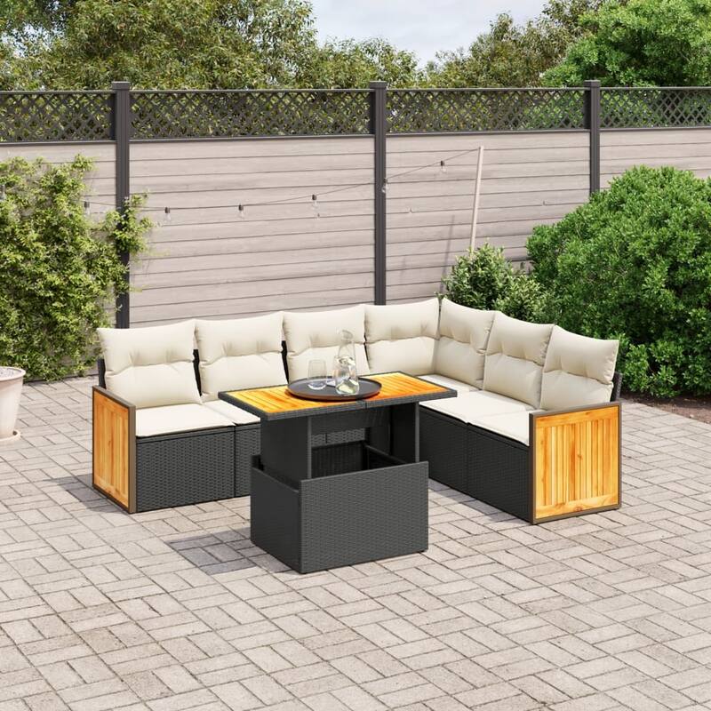 7 Piece Patio Sofa Set with Cushions - Black and cream without storage - 21.7 x 39.4 x 28.7 in