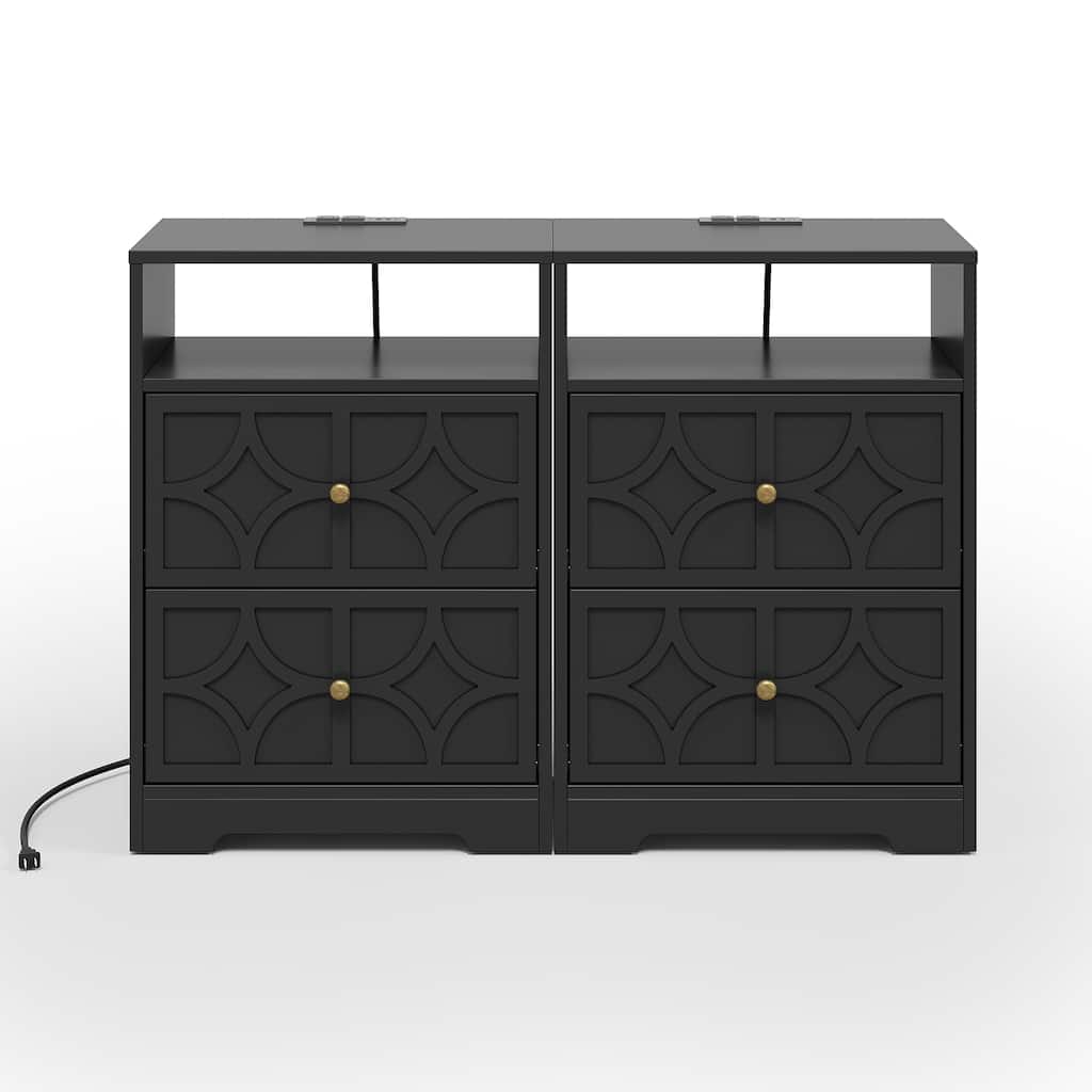Large Night Stand with 2 Drawers and Charging Station, Set of 2