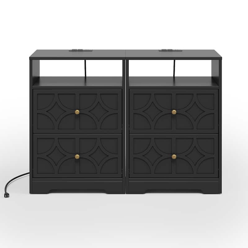Large Night Stand with 2 Drawers and Charging Station, Set of 2 - Black