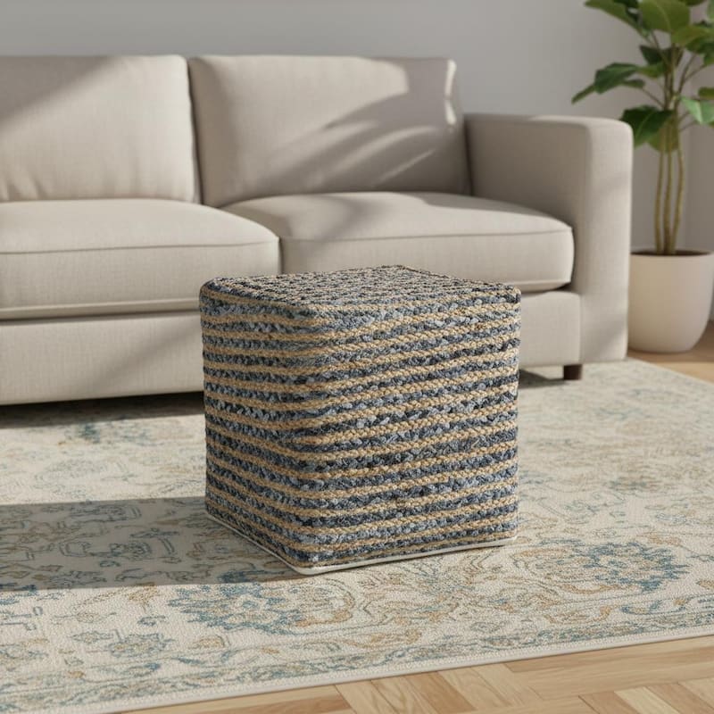 HomeRoots 18" Beige and Blue Cotton And Jute Striped Pouf Ottoman - Beige/Blue - 18.00 in. x 18.00 in.  x 18.00 in.