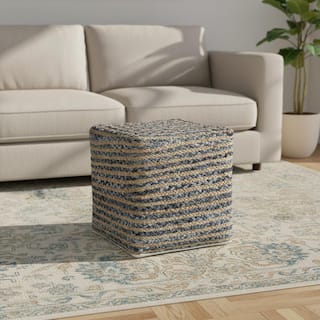 HomeRoots 18" Beige and Blue Cotton And Jute Striped Pouf Ottoman