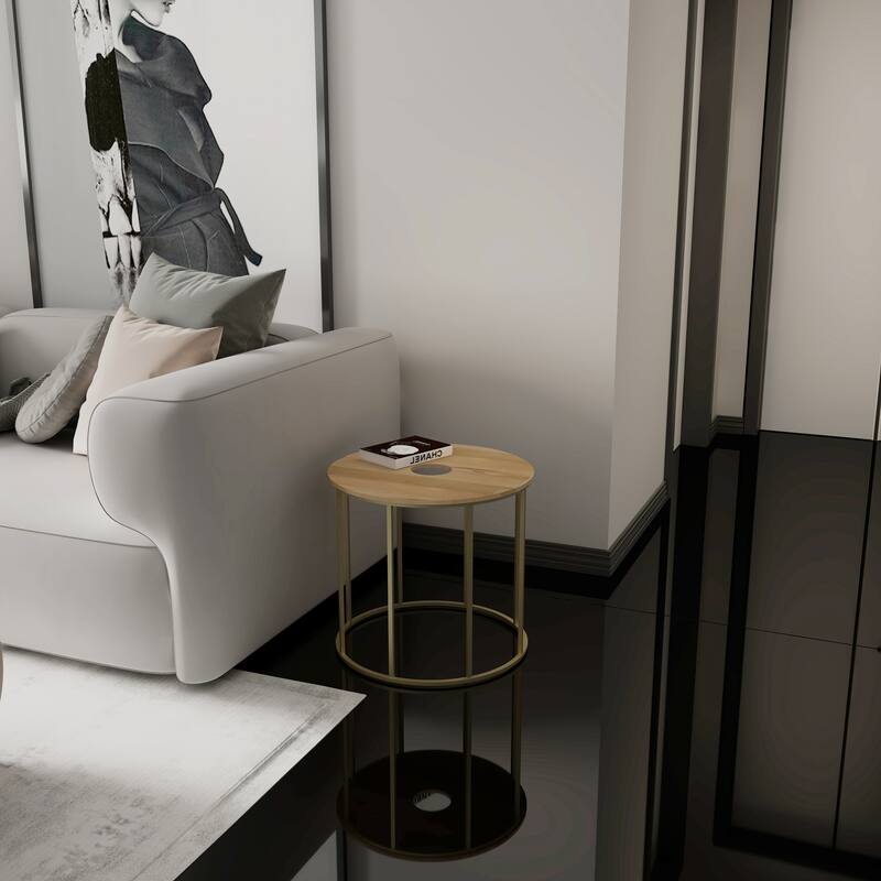 Orb Side End Table - Round Natural Mango Wood Top with Brass Powder Coated Open Frame, 19 Inch
