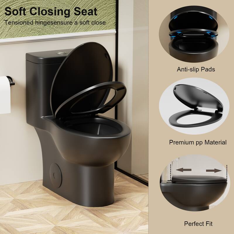 Anmytek Matt Black One Piece Toilet with Tornado Dual Flush and Soft Closing Seat ADA Height Siphonic S Trap 12 Inch Rough In