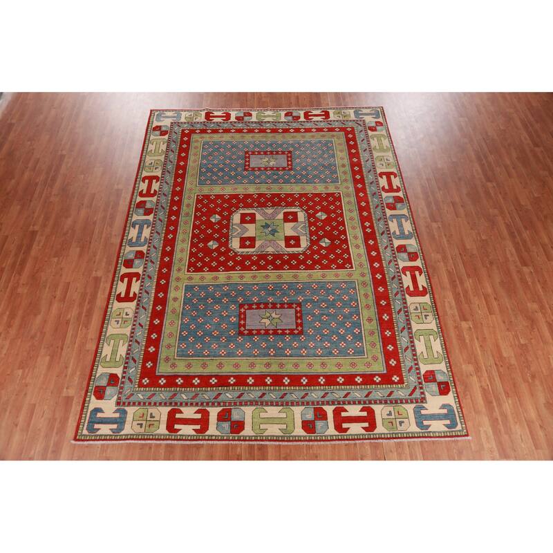 Hand Knotted Oriental 100% Wool Carpet Traditional Geometric Multi-Colored Kazak Area Rug - 11' 7'' X 8' 6''